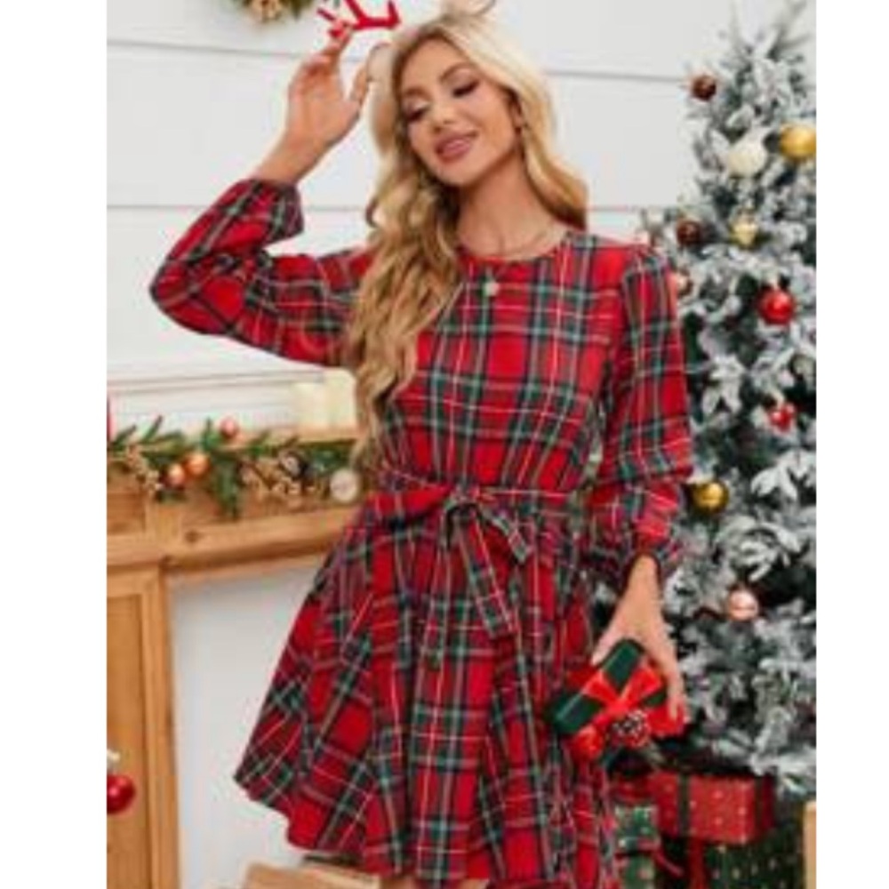 SHEIN Red Plaid Long Sleeve Dress